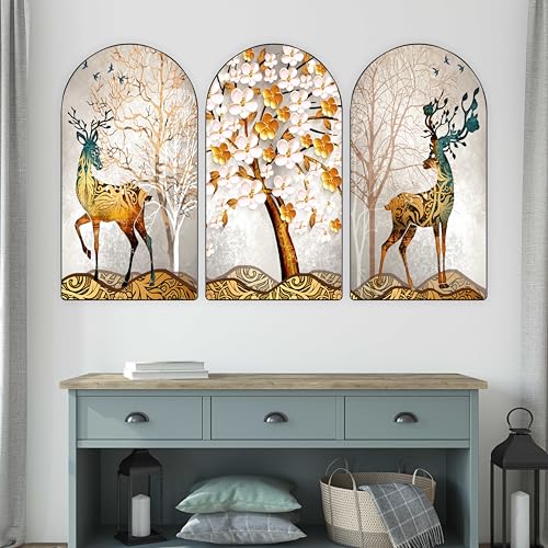 Image of Livin'luxe Set of 3 Golden deer with vastu money Tree Wall Painting for Living Room, Bedroom, Hotels - Big Size stylish frame 50 inch x 30 inch Wall Art for Home Decoration RPNL-12