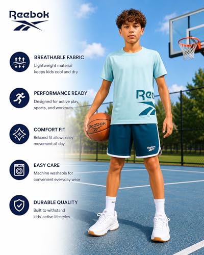 Image of Reebok Boys Athletic Shorts Set - 3 Piece Summer Clothes Outfit with Graphic Tees and Boys Running Shorts for Active Kids