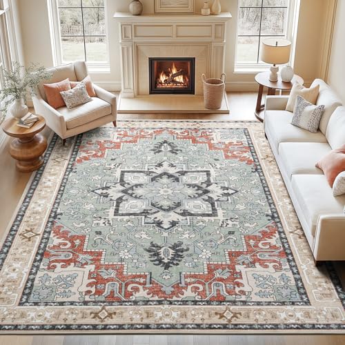 8x10 Area Rugs, Large Area Rug for Living Room, Floral Washable Area Rug for Bedroom, Office, Dining Room, Non-Slip Vintage Boho Rug, Low-Pile Soft Carpet, Traditional Oriental Style, Beige Orange