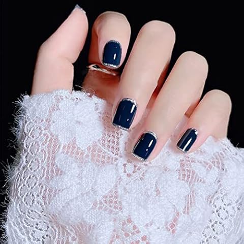 Press on Nails Short French False Nails Full Cover Glossy Blue Fake Nails with Silver Glitter Artificial Nails Tips for Women and Girls Nail Art Decoration 24PCS Cover