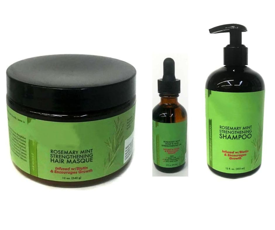 Organic Wash Day bundle pack Rosemary Mint Scalp and Strengthening Hair Oil/Shampoo and Masque with W/Biotin for Hair fall Hair growing Scalp nourishment