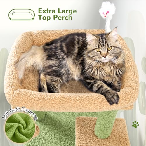 Image of Globlazer Cactus Cat Tree Tower for Indoor Cats, 50-inch Adult Cat Tree House for Large Adult Cats with Steps, Scratching Post, 2 Cat Caves, Dangling Toys, FC50, Green