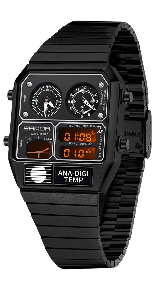 MASTOP Montre analogique numérique carrée de Style rétro avec Affichage de la température, 3 fuseaux horaires, rétroéclairage, étanche à 50 m, Alarme, chronomètre, Semaine/Date, Noir, Montre