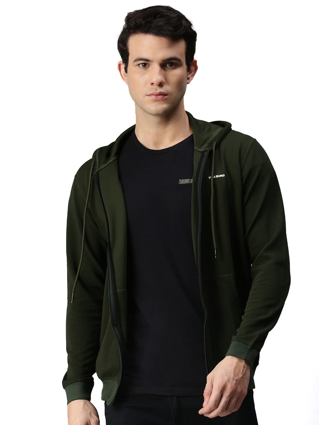 TOM BURGMen Olive Solid Zipped Hoodie