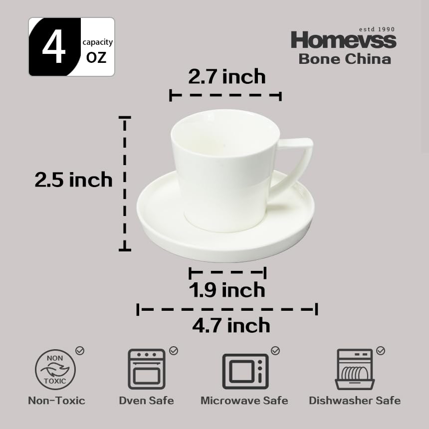 HomeVss, Bone China Cone Shape, Elegance White Cup Espresso 5oz & Saucer, Set of 6 cups and 6 Saucers