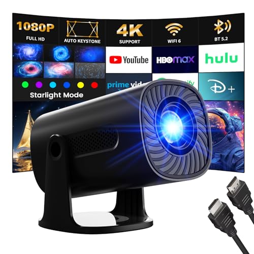 [App integrada & Modos Estrella] Mini Proyector Supporte 4K 1080P con Modos Estrella Apps y Android TV OS WiFi 6 BT 5.2 Auto Keystone, Compatible con TV Stick/Smartphone/HDMI/USB, Negro