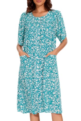 Image of COSUNIONY House Dresses for Women Cotton Short Sleeve House Coat Buttons Down Dusters Robe with Pockets S-XXL