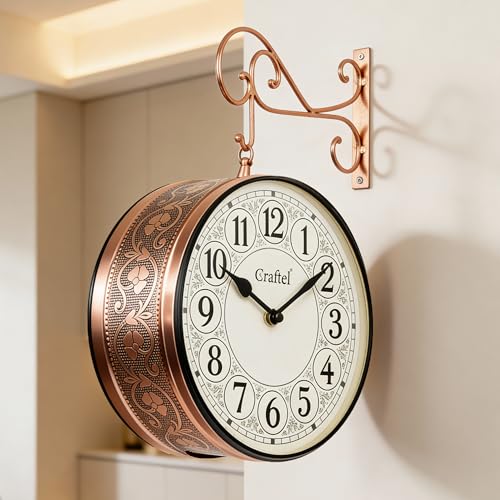 Image of CRAFTEL Double Sided Station Wall Clock Electroplated Rose Gold | English Roman Numerals Aluminum Dial | Gift for Home Hall Living Room | Dial 12 Inch - Rose Gold - 365 Days Warranty |