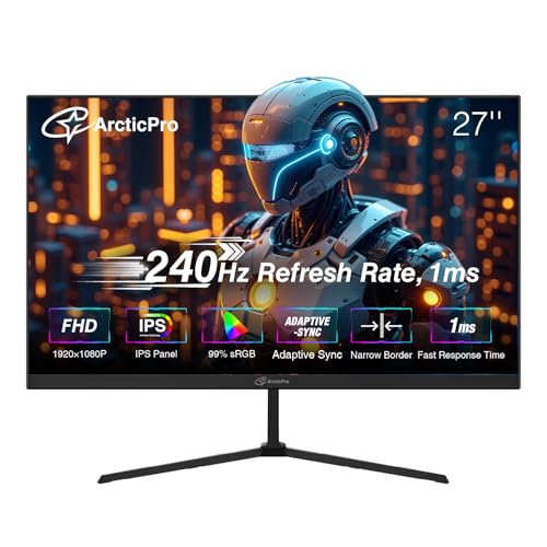 ArcticPro 27 inch Gaming Monitor 240Hz, FHD 1080p, IPS Panel, 1ms Response Time, Adaptive sync, PC...