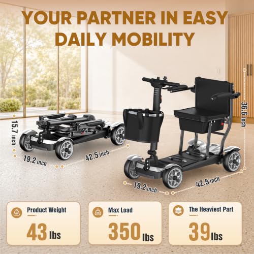 Image of 4 Wheels Mobility Scooters for Seniors-39LBS Light Frame& 30 Miles Range