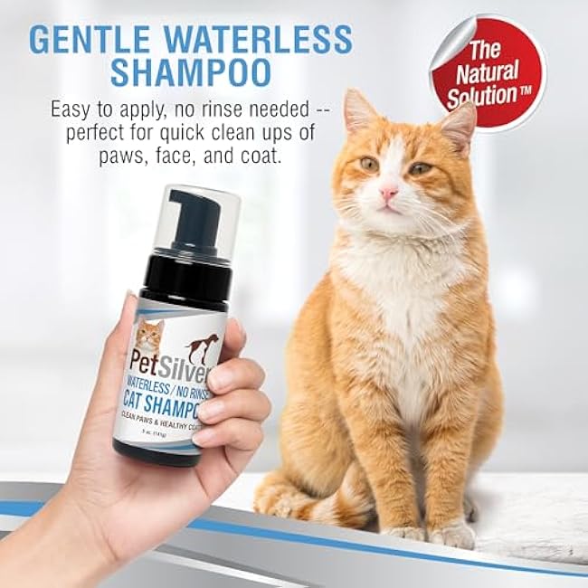 PetSilver Waterless Cat Shampoo - No Rinse Bath & Dry Shampoo for Cats - Long-Haired & Sensitive Skin - Cleans, Conditions & Moisturizes - Hypoallergenic & Fragrance-Free - Patented Formula - 5 fl oz-QkhAcZWQ