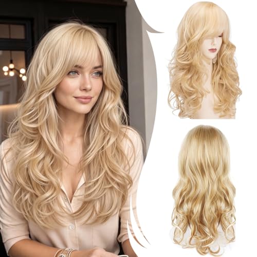 Perücke Blond Lang 60cm Perrücke Frauen Blond Lang Lange Gewellte Perücken Mit Pony Blonde Perücke Für Damen Den Täglichen Gebrauch Geeignet Karneval Cosplay Halloween Party