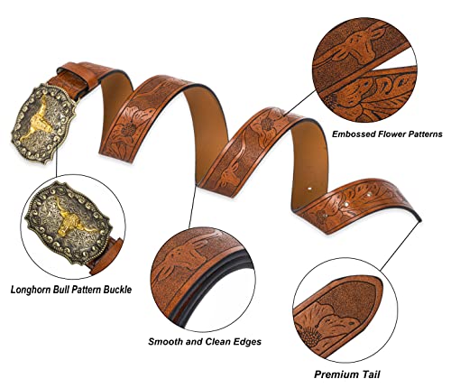 Western-PU-Leather-Belts for Men and Women Cowboy-Cowgirl Longhorn-Bull-Pattern-Engraved-Buckle-Belt for Unisex3