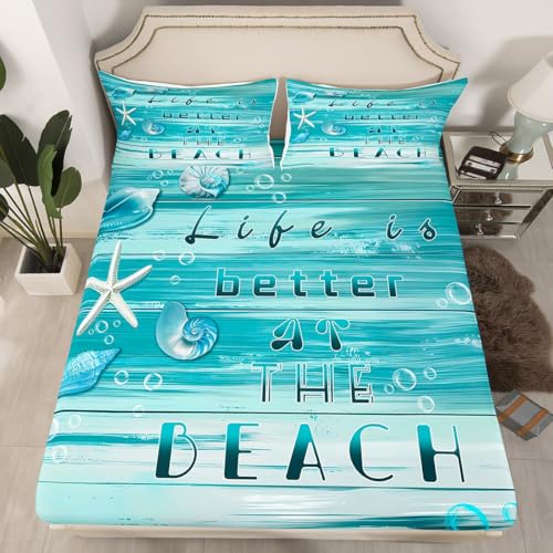 Homemissing Seestern Bettlaken Set Küstenstrand Spannbettlaken 160x200cm für Kinder Jungen Mädchen Bauernhaus Holz Sommer Hawaiianisches Seeleben Ozean Marine Muscheln Muster Ganze Saison