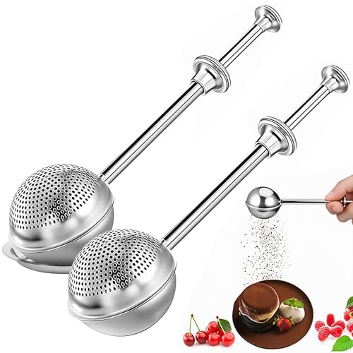 2Pcs Flour Sifter for Baking with Tray, Powdered Sugar Shaker Duster for Sourdough Bread, One-hand Operation Sugar Dispenser with Stainless Steel, Pick Up and Dust Flour Sifter