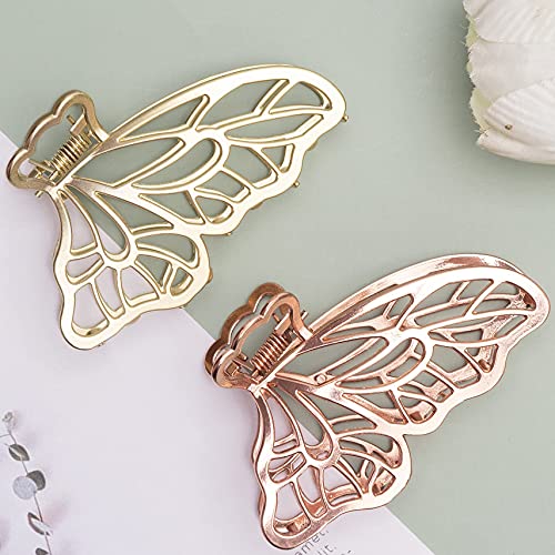2 Packs Of Premium Large Metal Butterfly Non-Slip Hair Claw Clips, Hair Accessories For Women_Jaw Clips Strong Hold Hair Clips For Thick Hair (2 Packs_Gold & Rose Gold) #TOP3
