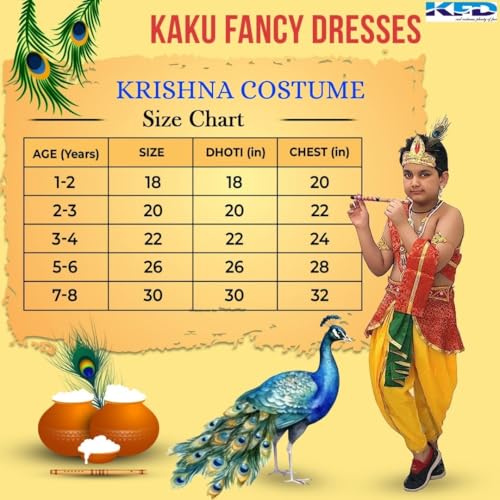 Image of Kaku Fancy Dresses Krishna Costume With Dhoti For Boy /Janmashtami /Bal Gopal Dress /Kanha Costume /Bal Krishna /Mythological Costume For Boy - Yellow-Red, 1-2 Years