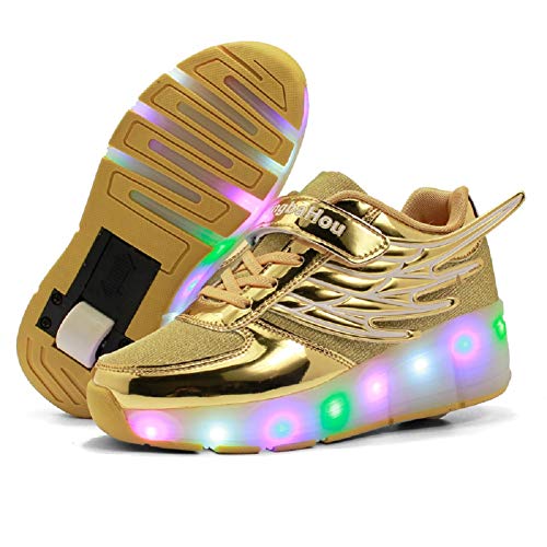 Ehauuo Unisex Kids LED Light up Retractable Roller Skate Sneaker Flashing Wheel Shoes for Girls Boys(4.5 M US Big Kid,D-Golden)