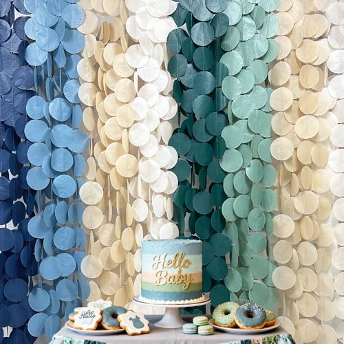 Image of 205 Ft Sage Green Dusty Blue Khaki Beige Circle Dot Backdrop Garland Tissue Paper Polka Dots Hanging Streamer for Birthday Wedding Silly Goose Themed Party Decorations Supplies