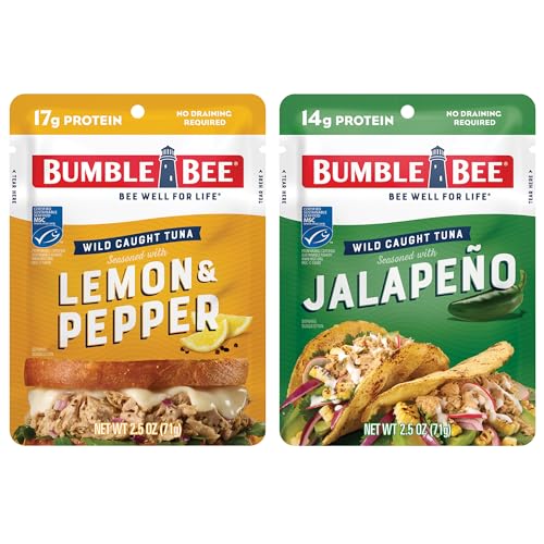 Bumble Bee Seasoned Tuna Pouch Garden Flavors Bundle (4 Total Pouches) - Lemon & Pepper Tuna and Jalapeno Tuna - Ready to Eat 2.5 oz Packets
