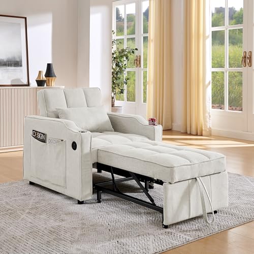 Fppuueg Sofá Cama Convertible Sillón Cama Plegable 3 en 1, Sofá Cama Individual con Respaldo Ajustable 3 Posiciones y Bolsillos de Almacenaje, Sofá Cama 1 Plaza 3 en 1, Sillón Relax, Beige