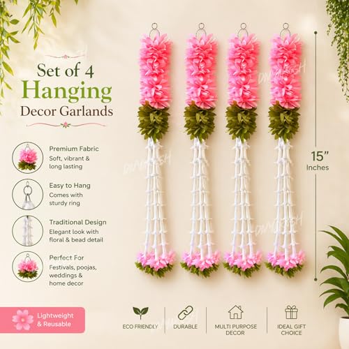 Image of Divyakosh Hanging Gajra Set of 4 | Small 15 Inch Pink-Green Fabric Floral Wall Hangings | Temple & Pooja Room Decoration Items | Backdrop Decor for Festivals & Diwali