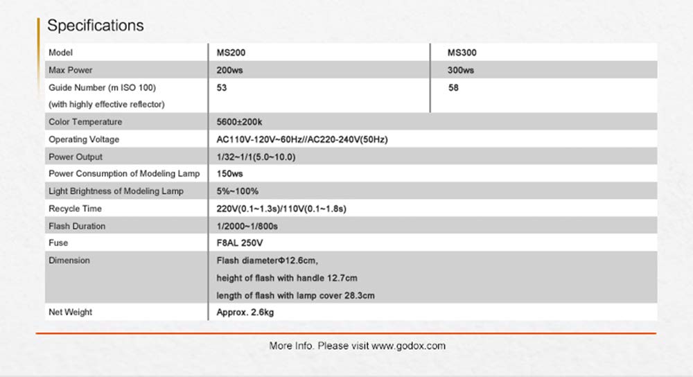Godox MS300 Lámpara Flash de Estudio Compacto, Incluye Reflector AD-R6，Bowen Mount, 300W, Anti-preflash, Lámpara de Modelado, Función Flash Antiniebla