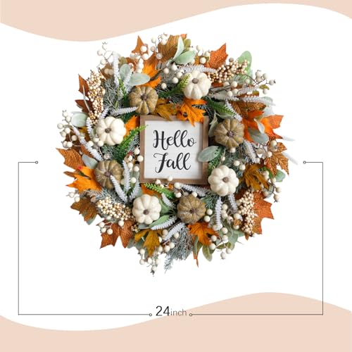 Image of 24inch Thanksgiving Fall Wreath, Eucalyptus Berries Pumpkins Lamb Ears Leaves Autumn Wreaths for Front Door, Fall Decor, Porch Wall, Home Outdoor Holiday Decorations Wreath for Autumn(24in)
