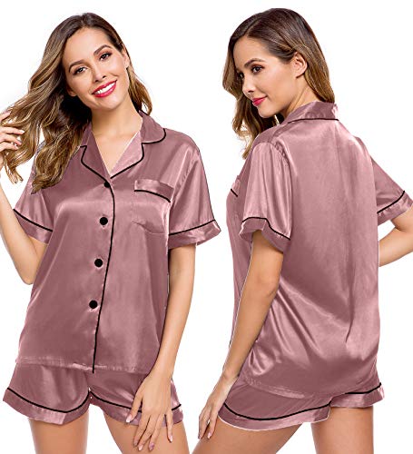 Image of LecGee Womens Silk Satin Pajamas Short Sleeve Loungewear Two-Piece Sleepwear Button-Down Pj Set
