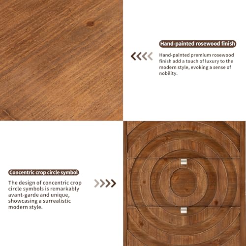 Image of HOMPUS 3-Drawer Nightstand Set of 2, Hand-Carved Brown Concentric Circles Nightstand, Mid-Century Modern Chest of Drawers, Wood Bedside Tables with 3 Drawers, Tall Accent End Tables for Bedroom