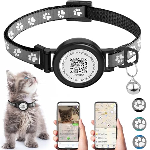 Image of Waterproof Airtag Cat Collar with QR TAG & Reflective, Footprints Pattern, Lightweight Kitten Collar for Apple AirTag, Hidden GPS Tracker Holder for Cats, Kittens (Black)(7-12 inch)