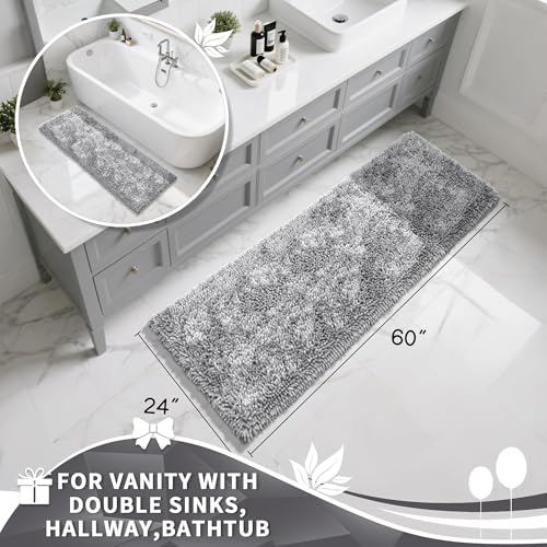 Image of Yimobra Long Bathroom Rugs Runner 60x24 Inch, Extra Thick Soft Absorbent Chenille Bath Mat, Non Slip Machine Washable, Quick Dry Bath Rugs for Bathroom Floor, Tub and Shower, Light Grey