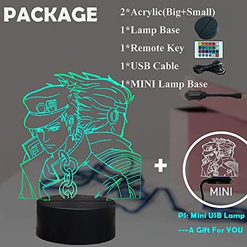 JoJo's Bizarre Kujo Jotaro 3D Anime Led Night Light Lamp Design 16 Colors 4 Flash Mode Remote Control Kids Children Boys Bedroom Home Party Decor Acrylic Table Lamp Birthday Xmas Gift