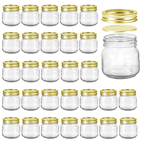 Bedoo 30 Pack Small Mason Jars 8 oz Regular Mouth with Airtight Lids and Bands, Half Pint Canning Mason Jars for Jelly,Jam, Honey, Wedding Favors, Shower Favors, Baby Foods (Golden Lid)