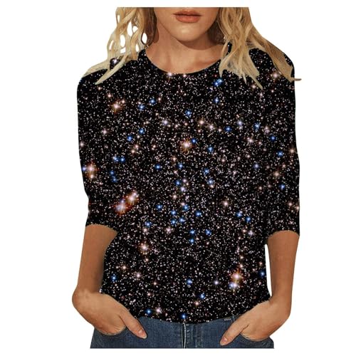 Generisch Camiseta de lentejuelas para mujer, manga 3/4, túnica, cuello redondo, informal, elegante, blusa brillante, blusa festiva, blusa, cómoda, larga, ligera, vintage, manga larga