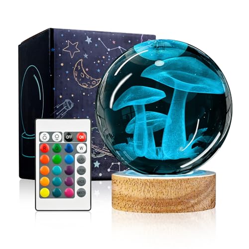Image of 3D Crystal Ball Night Light with Wooden Base, Mushroom Glass Ball Lamp with 16 Colors and Remote Control - Cool Desk Decor Gift for Kids and Friends