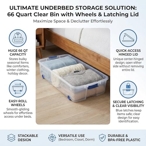 66-Quart-Clear-Underbed-Storage-Bin-with-Wheels-Latching-Lid-Low-Profile-Plastic-Storage-Container-for-Clothes-Shoes-Bedding-Wrapping-Paper-Organizer-Slim-Rolling-Under-Bed-Storage-Box