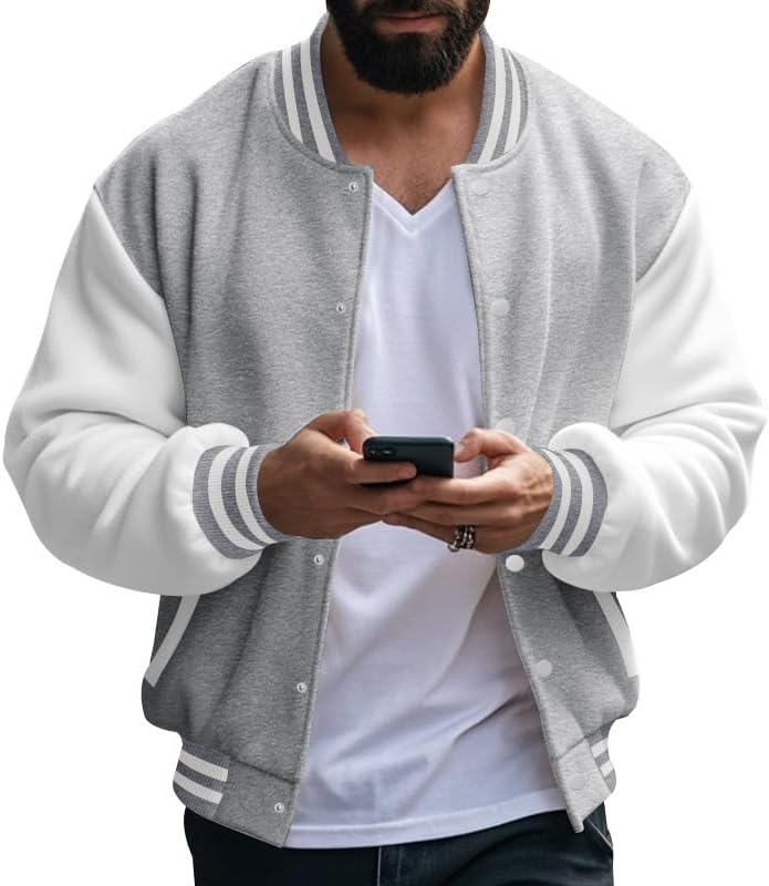 Men's Varsity Baseball Jacket Classic College Style Bomber Coat with Striped Ribbed... - Image 2