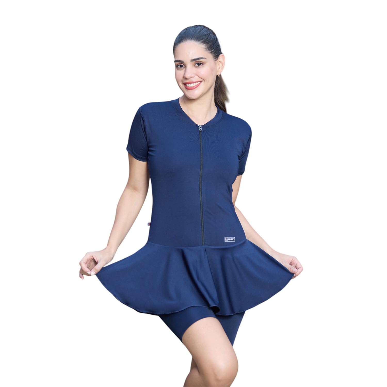 rovars RRovars Women Poly Jersy Frock Style Swimming Costume for Women Half Sleeves Half Length with Front Zipper (Without Pads)-picture-30