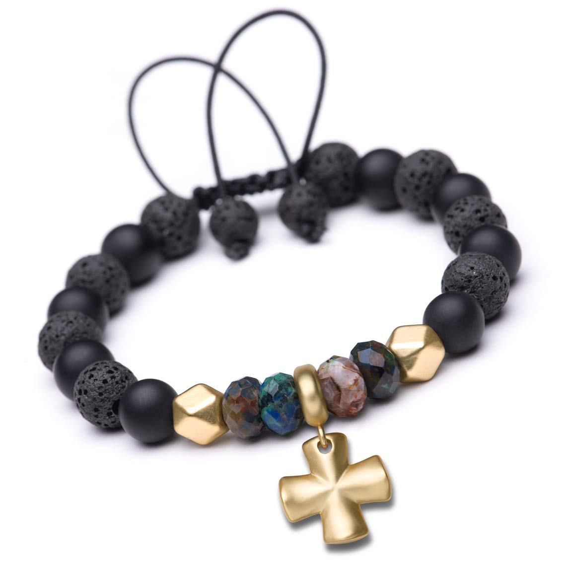 8MM Semi Precious Stone Beaded Cross Bracelet, Energy Balance Healing Stone Aromatherapy Oil Diffuser Stretch Bracelets for Women or Men, Adjustable Sizes from 6" to 11"