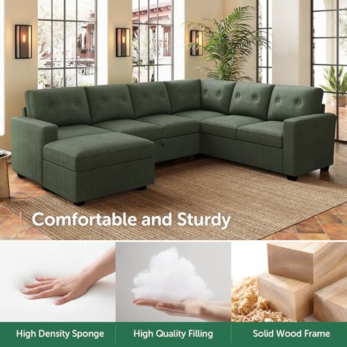 Image of HONBAY 106.2 Inch U-Shaped Sectional Sleeper Sofa with Pull-Out Bed & Storage Ottoman, 7-Seater Sectional Sofa for Living Room, Pet-Resistant Corduroy Couch, Green