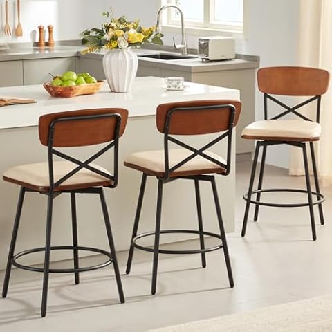 MILCIL Swivel Counter Height Bar Stools with Back, Upholstered Farmhouse Barstools Set of 3 for Kitchen Island, 26" Seat Height, Wood Frame & Metal, Faux Leather Sand Grey Cover