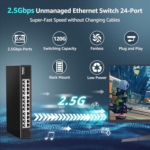 Image of YuanLey 24-Port 2.5G Ethernet Switch, Unmanaged 2.5Gbps Network Switch with 24x2.5G RJ45 Ports, 120Gbps Switching Capacity, Fanless Metal Design, Desktop /Rackmount 2.5G Switch for NAS, PC & WiFi 6 AP