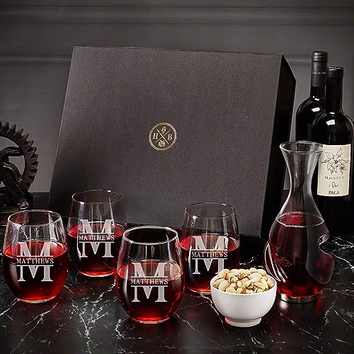 Wine Decanter Set with Stemless Wine Glasses and Luxury Box Set - Wine Carafe with Built-in Aerator