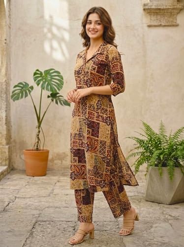 Image of Women's Cotton Blend A-line Printed Kurta with Palazzo Set | Officewear Kurta Set for Women