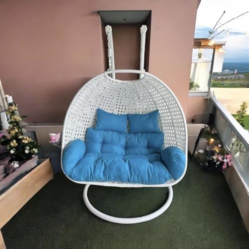 Image of Double Seater Hammock Swing Chair with Stand & Cushion | Heavy Duty Powder Coated Steel Frame | Outdoor Indoor Hanging Swing for Patio Balcony Garden Terrace Living Room (White-Sky.Blue)