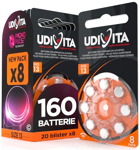 160 Batterie per Apparecchi Acustici Udivita Misura 13 (Arancioni) PR48 con Phono Pulse Technology - 20 Blister da 8 Pile
