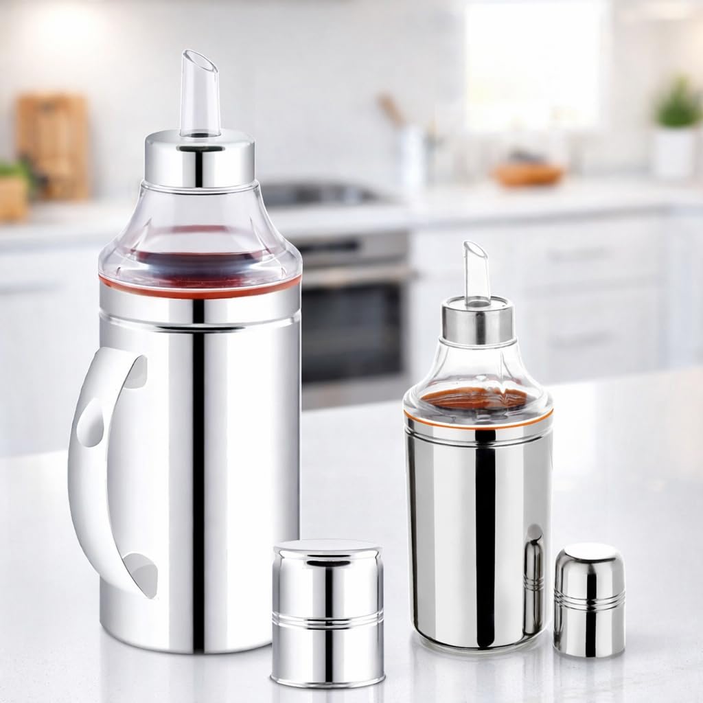 SmartMaison - Oil Dispenser, Stainless Steel, 350 ML + 1000 ML Capacity, Kitchen Cooking Oil Bottle with Pourer Combo Pack