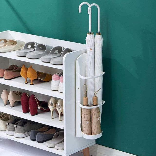 Image of Wall Mounted Umbrella Holder, White, Self Adhesive Stand with Removable Water Drip Tray, Foldable Space Saving Rack, 2.5kg Load Capacity