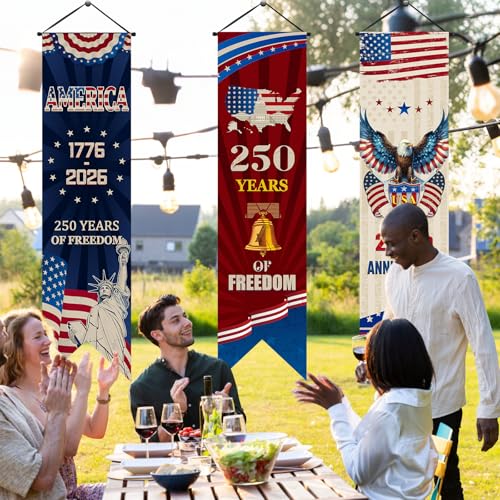 Image of Chiisong 3 Pcs 250 Years of Freedom Party Decorations 250 Anniversary USA Banners 4th of July Porch Sign Patriotic Door Wall Hanging Decor for Indoor Outdoor Independence Day Backdrops Photo Props